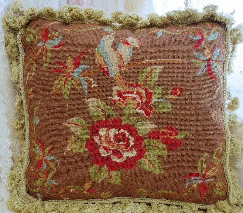 Birds And Bright Flowers Needlepoint Pillow