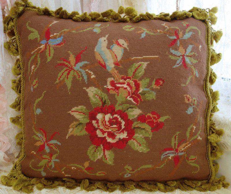 Save Save Beautiful Floral Needlepoint Pillow with Birds