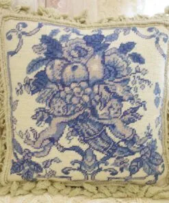 Blue Floral Needlepoint Pillow Vintage