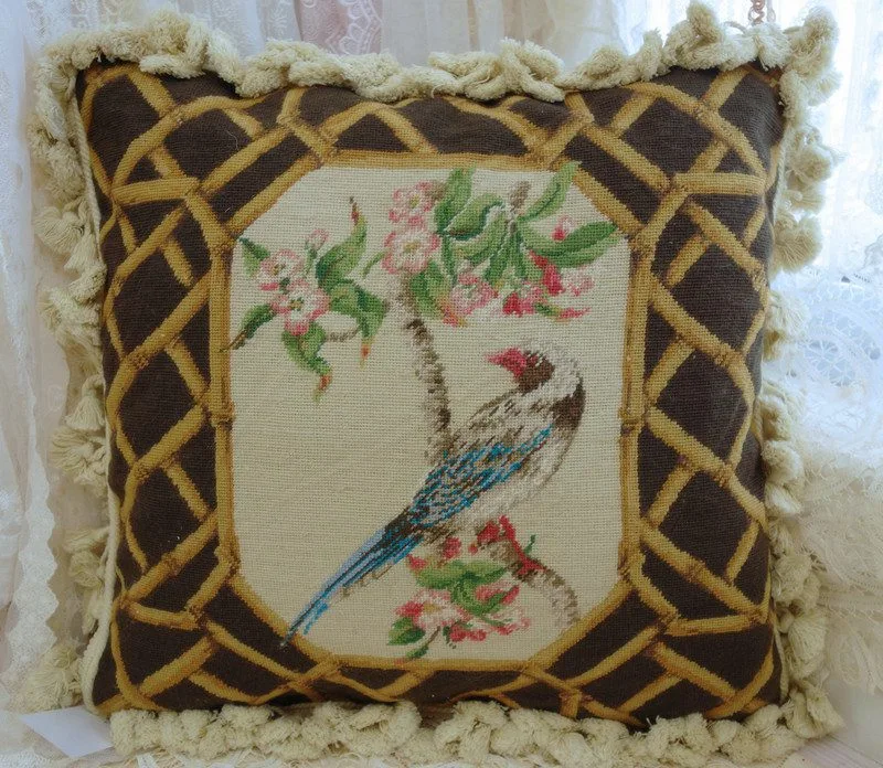 Bird and Floral Needlepoint Pillow from Cobble Country