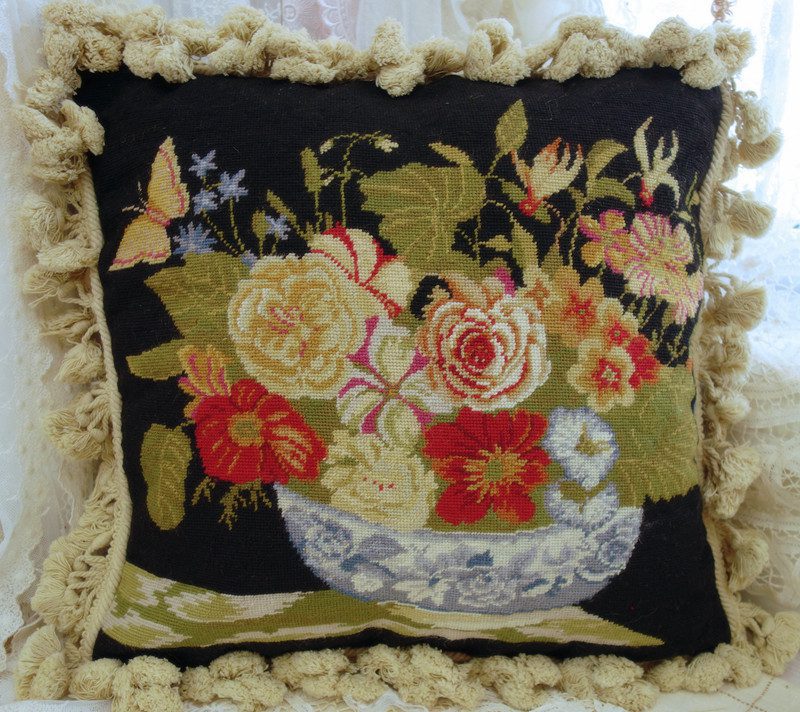 Charming Floral Needlepoint Pillow in Vase with Handles