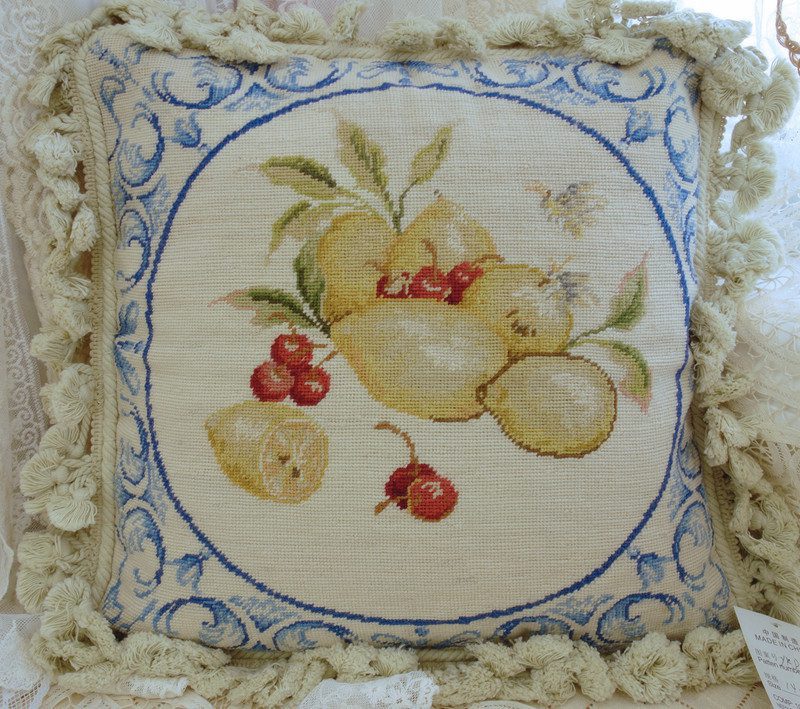 Lemon and Cherries Needlepoint Pillow