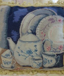 Teapot and Dishes Needlepoint Pillow