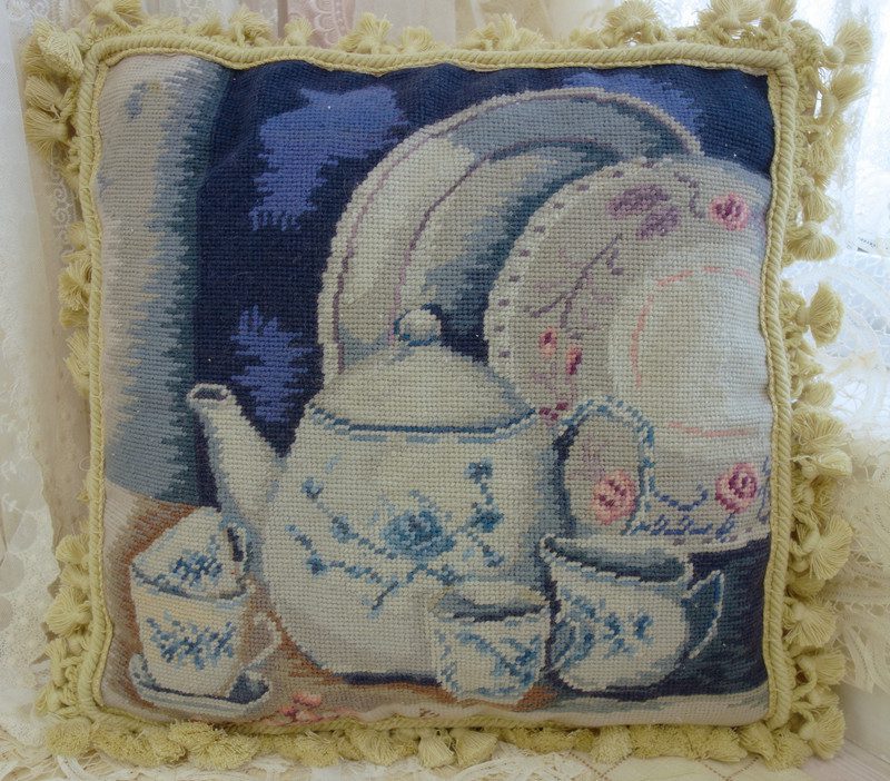 Teapot and Dishes Needlepoint Pillow