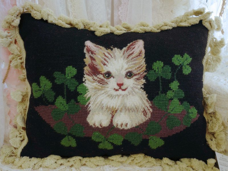 Kitten in Clover Needlepoint Pillow