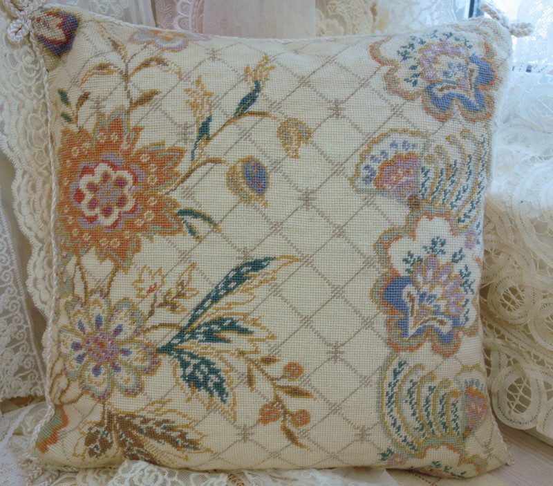 French Country Floral Needlepoint Pillow in Pastel Hues