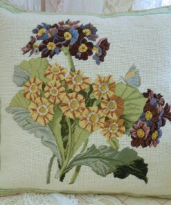 Hand Made Floral Needlepoint Pillow featuring Yellow and Maroon Flowers in a Soft Green Leafy Flourish