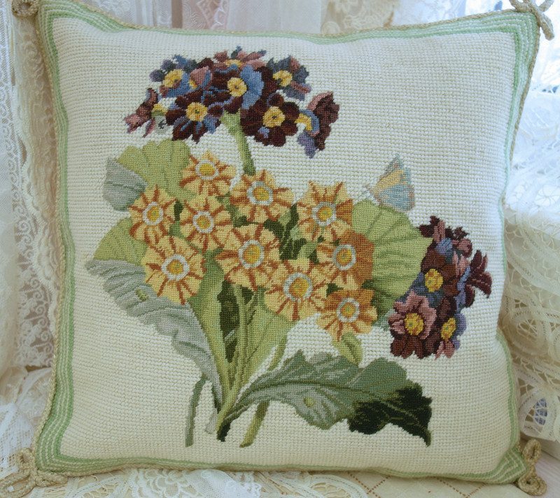 Hand Made Floral Needlepoint Pillow featuring Yellow and Maroon Flowers in a Soft Green Leafy Flourish