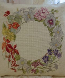 Floral Wreath Needlepoint Pillow in Soft Vintage Tones