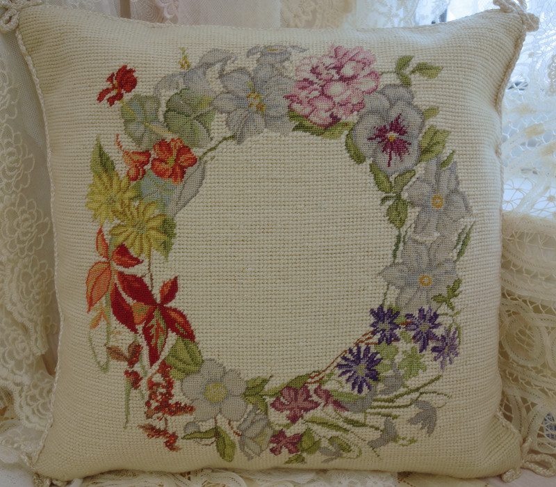 Floral Wreath Needlepoint Pillow in Soft Vintage Tones