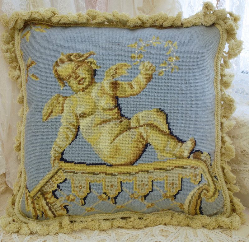 Needlepoint Pillow Whimsical Cherub