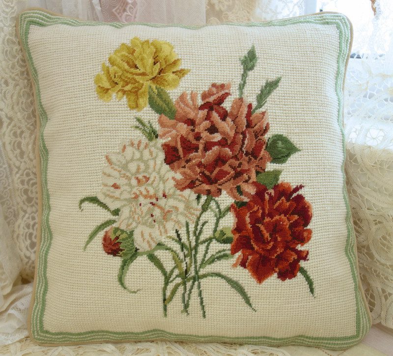 Vibrant Floral Needlepoint Pillow with Red and Yellow Blooms