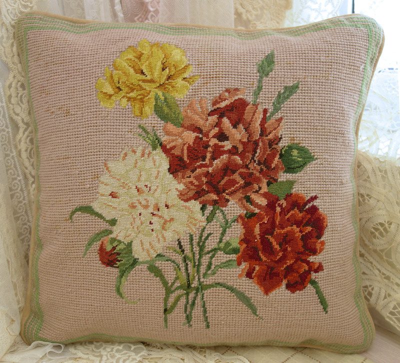 Vintage Floral Needlepoint Pillow with Faded Peonies