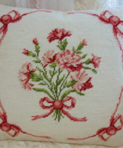 Romantic Pink Carnation Needlepoint Pillow with Decorative Bows