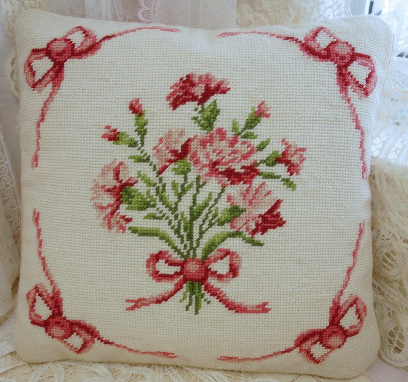 Romantic Pink Carnation Needlepoint Pillow with Decorative Bows