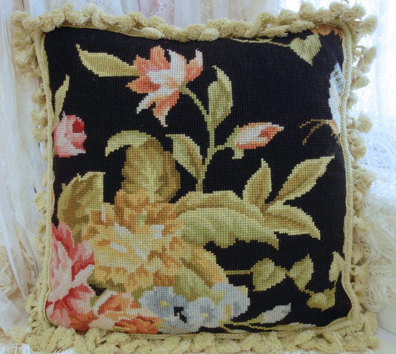 Handmade Floral Crewel Needlepoint Pillow