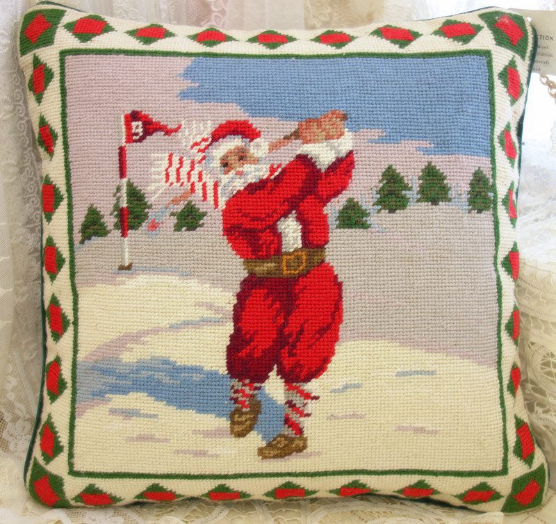 Santa in the Snow Needlepoint Pillow