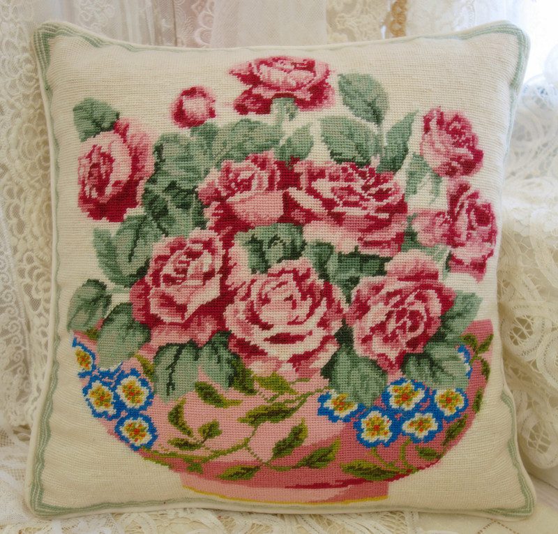 Needlepoint Rose Bouquet Pillow