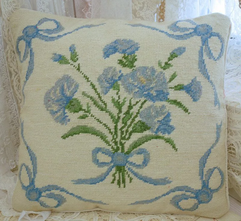 Blue Floral Bouquet Needlepoint Pillow