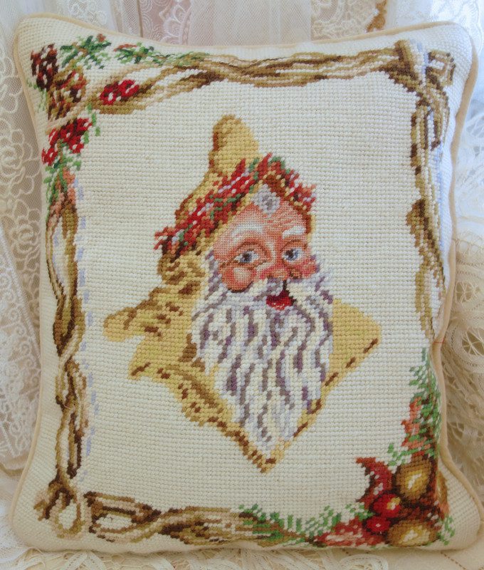 Handmade Needlepoint Santa Claus Toy Pillow