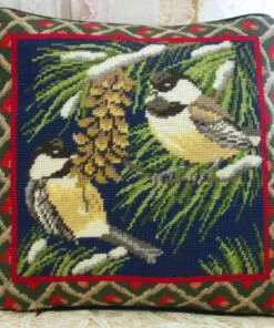 Bird on Pine Cone Needlepoint Pillow