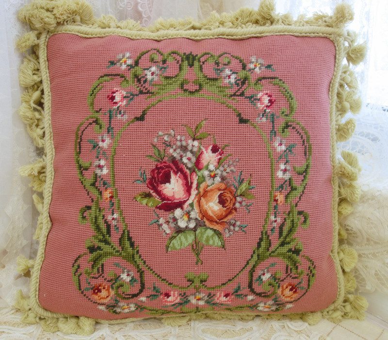 Pink Needlepoint Pillow, Floral Bouquet Scrolls