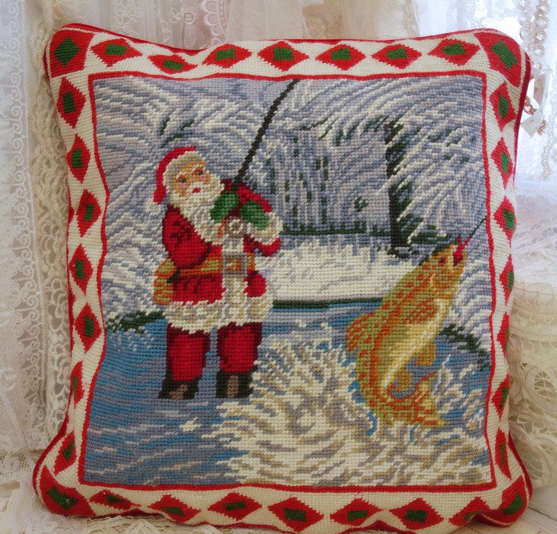 Santa Fishing Needlepoint Pillow