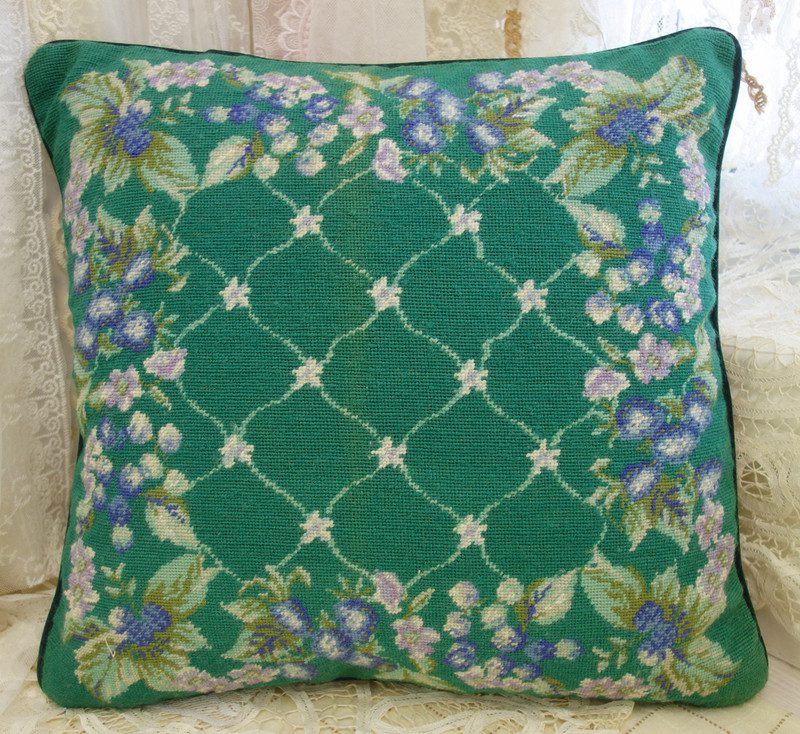 Trellis Pattern Green Floral Needlepoint Pillow