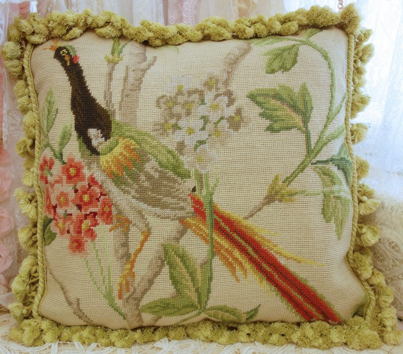 Vintage Peacock Needlepoint Pillow Flowers Embroidery