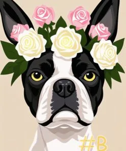 Boston Terrier with Coral Floral Crown Needlepoint Canvas