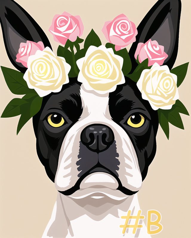 Boston Terrier with Coral Floral Crown Needlepoint Canvas