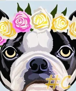 Boston Terrier with Coral Floral Crown Needlepoint Canvas