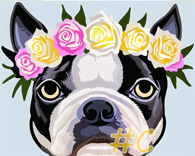 Boston Terrier with Coral Floral Crown Needlepoint Canvas