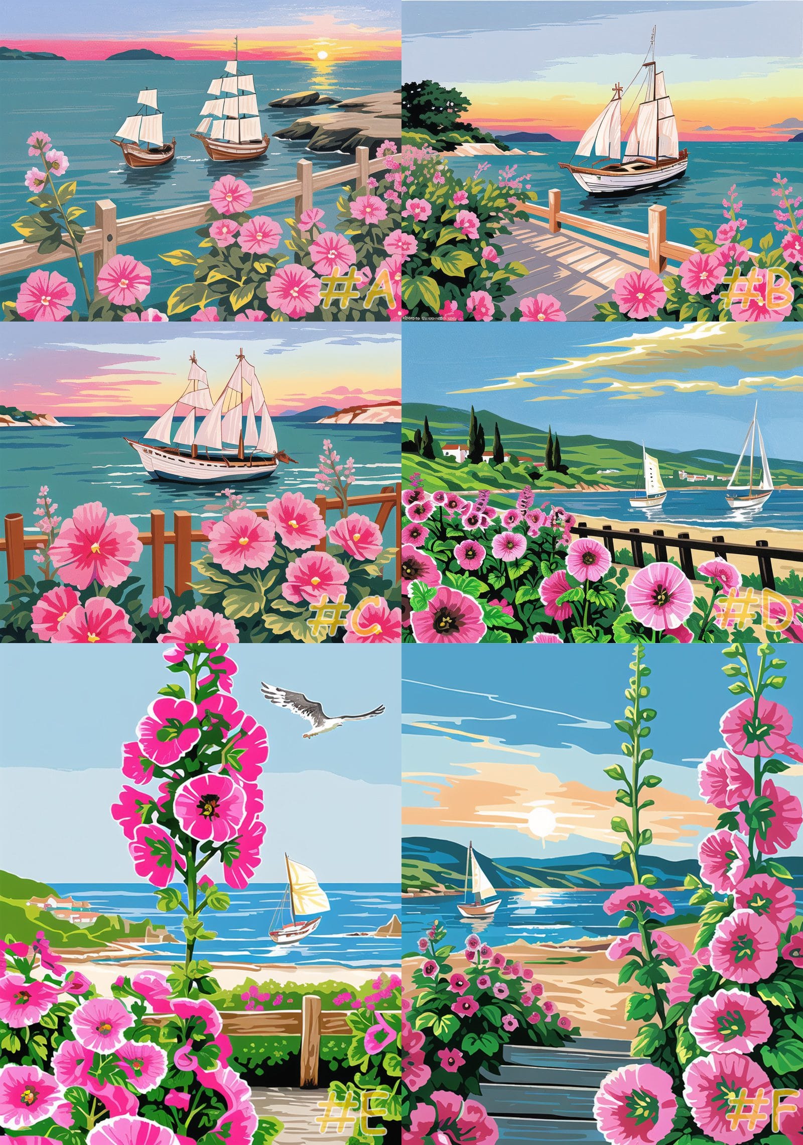 Maritime Flowering Vessels Sailing Ships and Pink Flowers Needlepoint Canvas