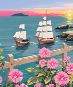 Maritime Flowering Vessels Sailing Ships and Pink Flowers Needlepoint Canvas