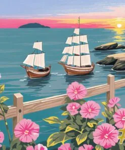 Maritime Flowering Vessels Sailing Ships and Pink Flowers Needlepoint Canvas