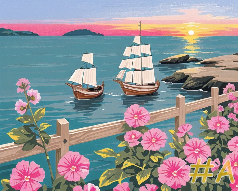 Maritime Flowering Vessels Sailing Ships and Pink Flowers Needlepoint Canvas