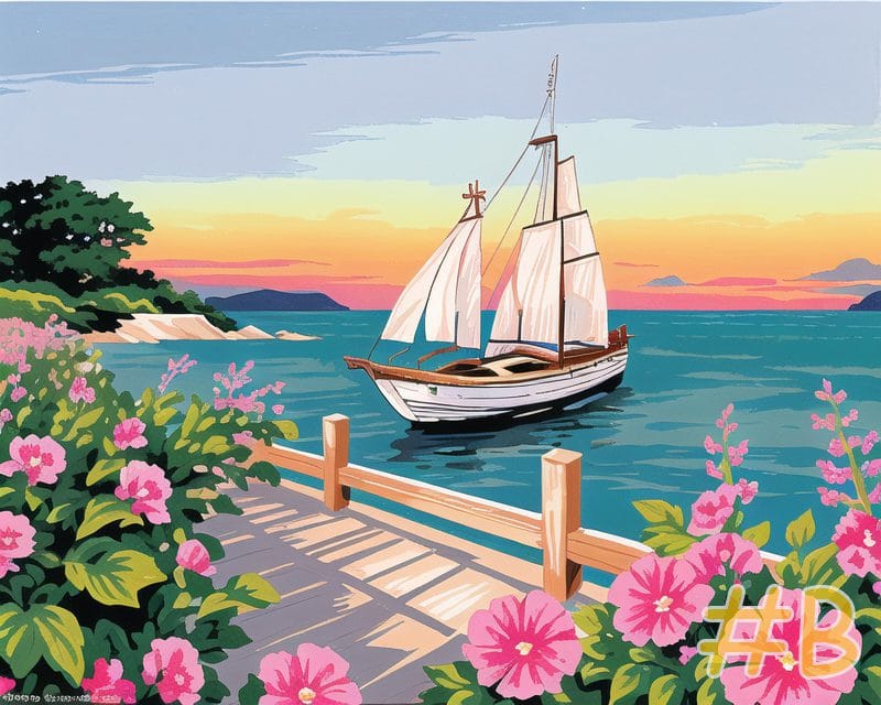 Maritime Flowering Vessels Sailing Ships and Pink Flowers Needlepoint Canvas
