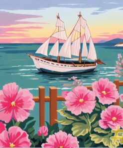 Maritime Flowering Vessels Sailing Ships and Pink Flowers Needlepoint Canvas