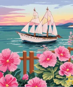 Maritime Flowering Vessels Sailing Ships and Pink Flowers Needlepoint Canvas