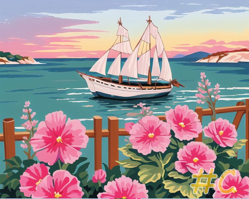 Maritime Flowering Vessels Sailing Ships and Pink Flowers Needlepoint Canvas