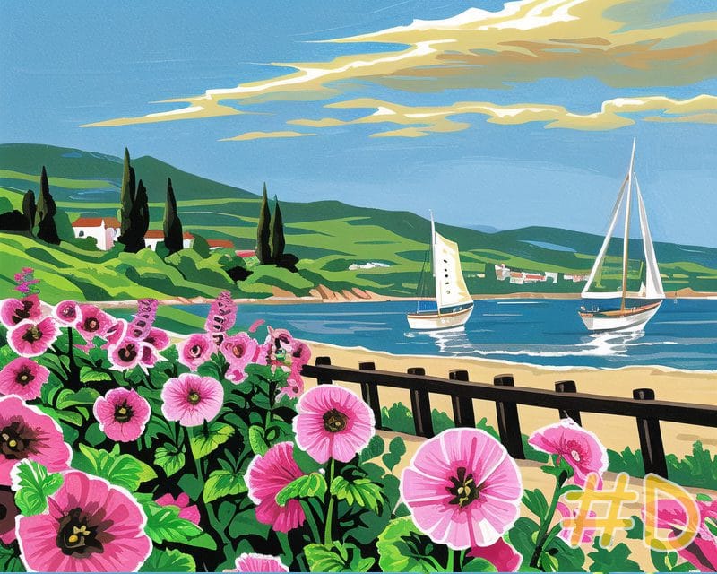Maritime Flowering Vessels Sailing Ships and Pink Flowers Needlepoint Canvas