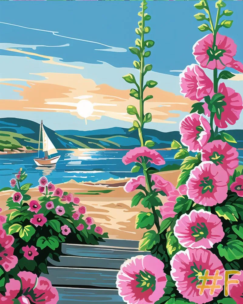 Maritime Flowering Vessels Sailing Ships and Pink Flowers Needlepoint Canvas