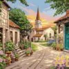 Village Streets with Flowers Needlepoint Canvas