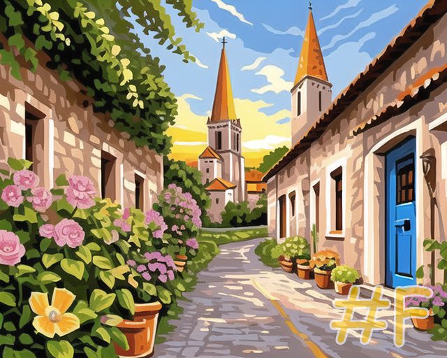 Village Streets with Flowers Needlepoint Canvas