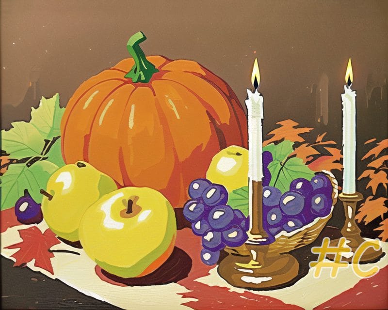 Harvest Scene with Pumpkins and Candles Needlepoint Canvas