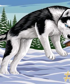 Jumping Husky in Snow Needlepoint Canvas