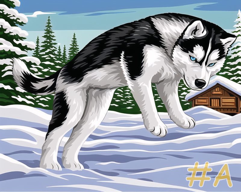 Jumping Husky in Snow Needlepoint Canvas