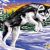 Jumping Husky in Snow Needlepoint Canvas