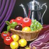 Fruit Basket with Silver Teapot Needlepoint Canvas – Elegant Still Life Design